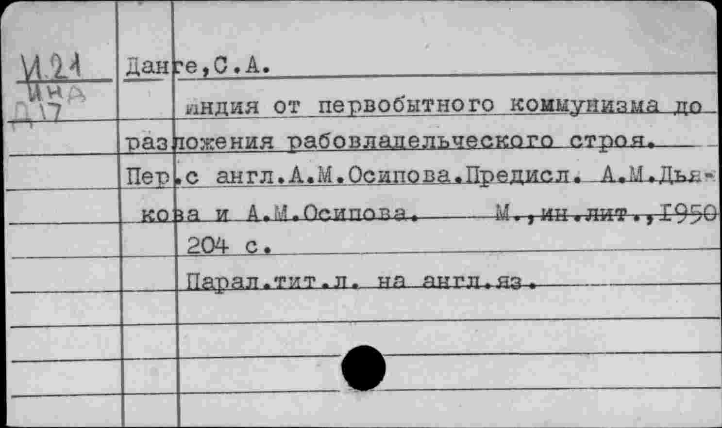 ﻿		
и	Дан	— ?е,С • А>
		раз	андия от первобытного коммунизма до рожения рабовладельческого строя»
—	Пер ко	»с англ.А.М.Осипова.Предисл. А.М.Дкя- 1а и А.И.Ос.иппяя -	МчИН лит < . ТО-ОЗ
				204 с.	 Парал.тит.л. на англ.яз.	
		
		
	—	